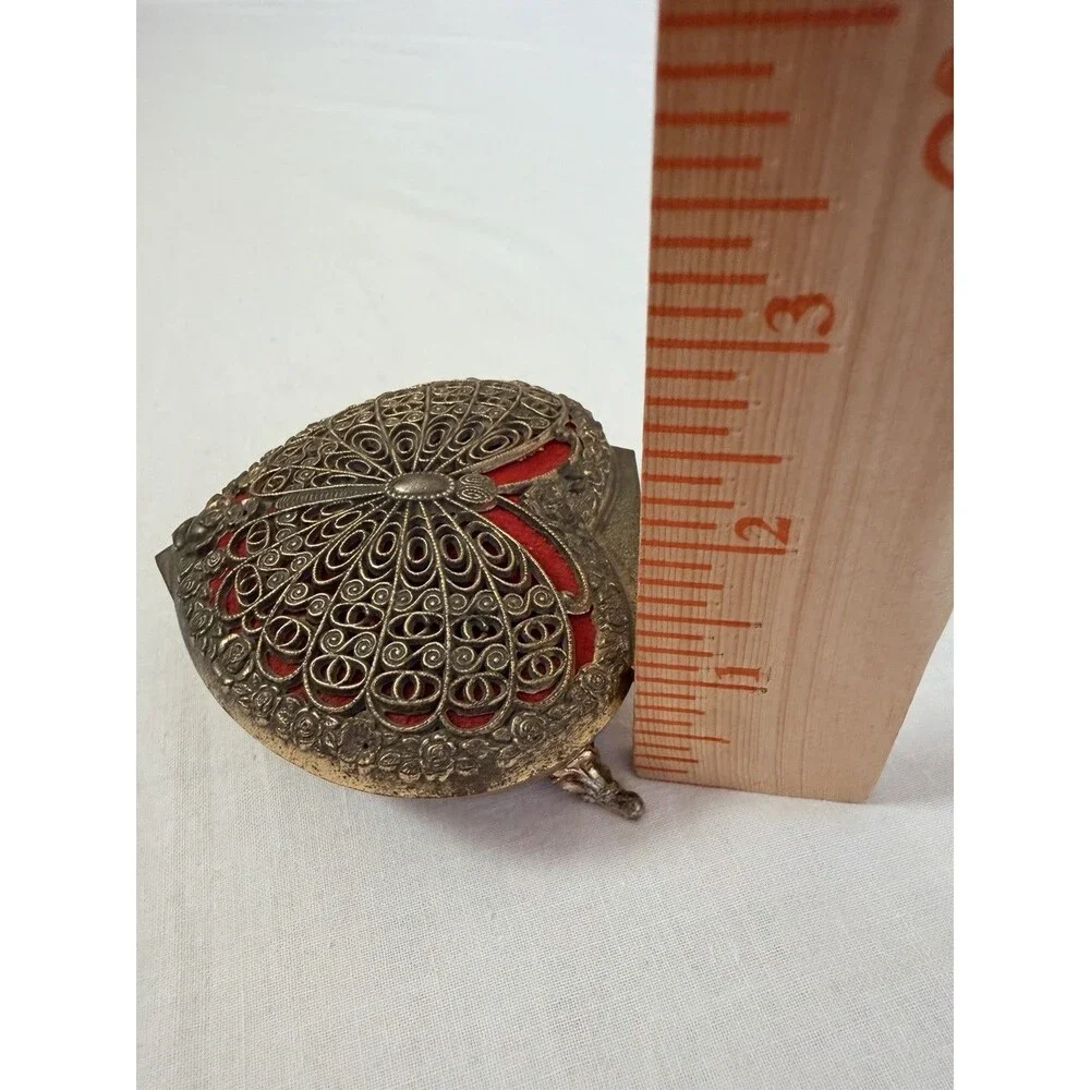 Vintage Gold Tone Filigree Butterfly Heart Trinket Box Red Velvet Cottagecore